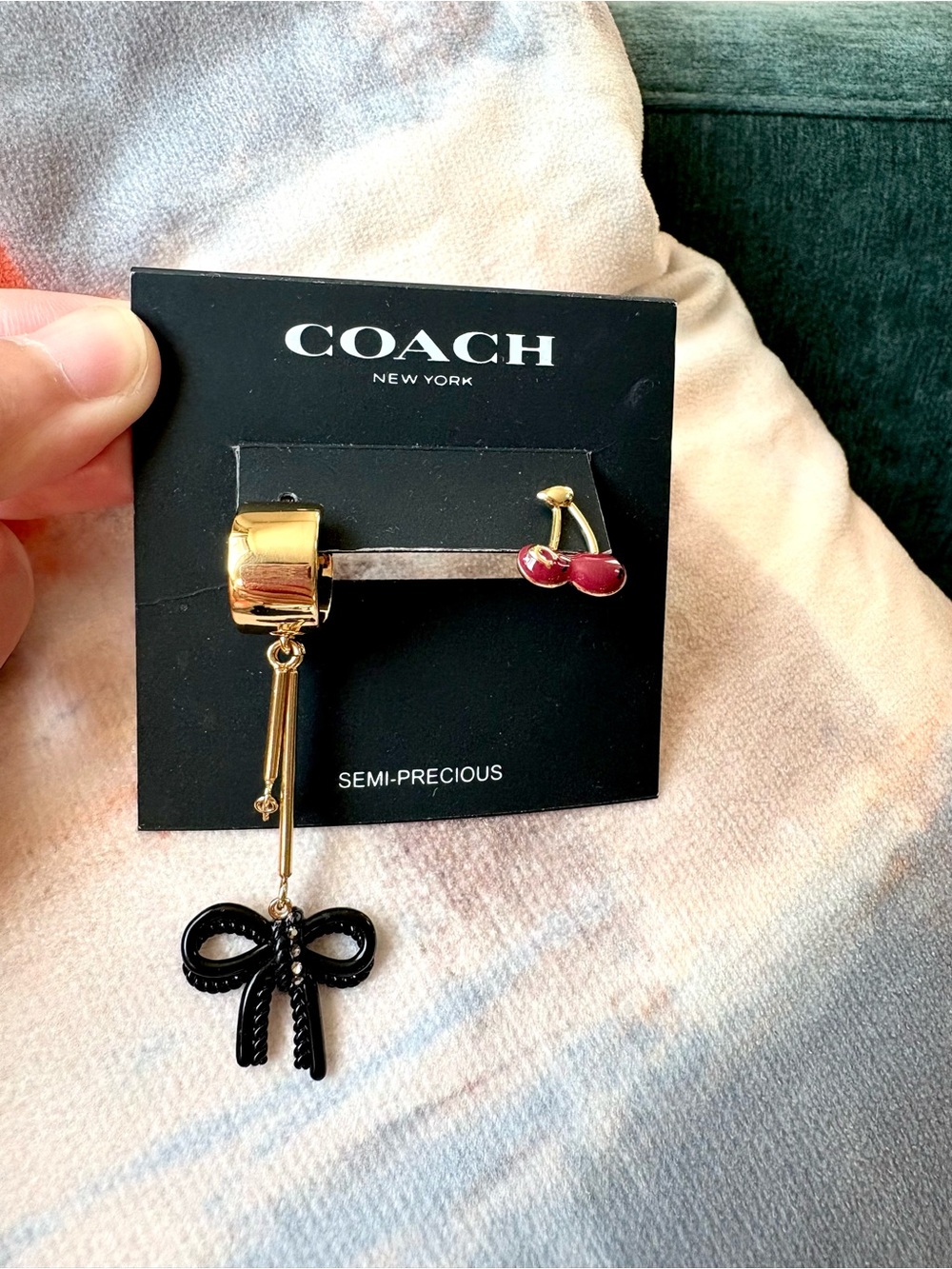 NWT Coach Earrings Bow Tie And Cherry Gold/black/pink $95